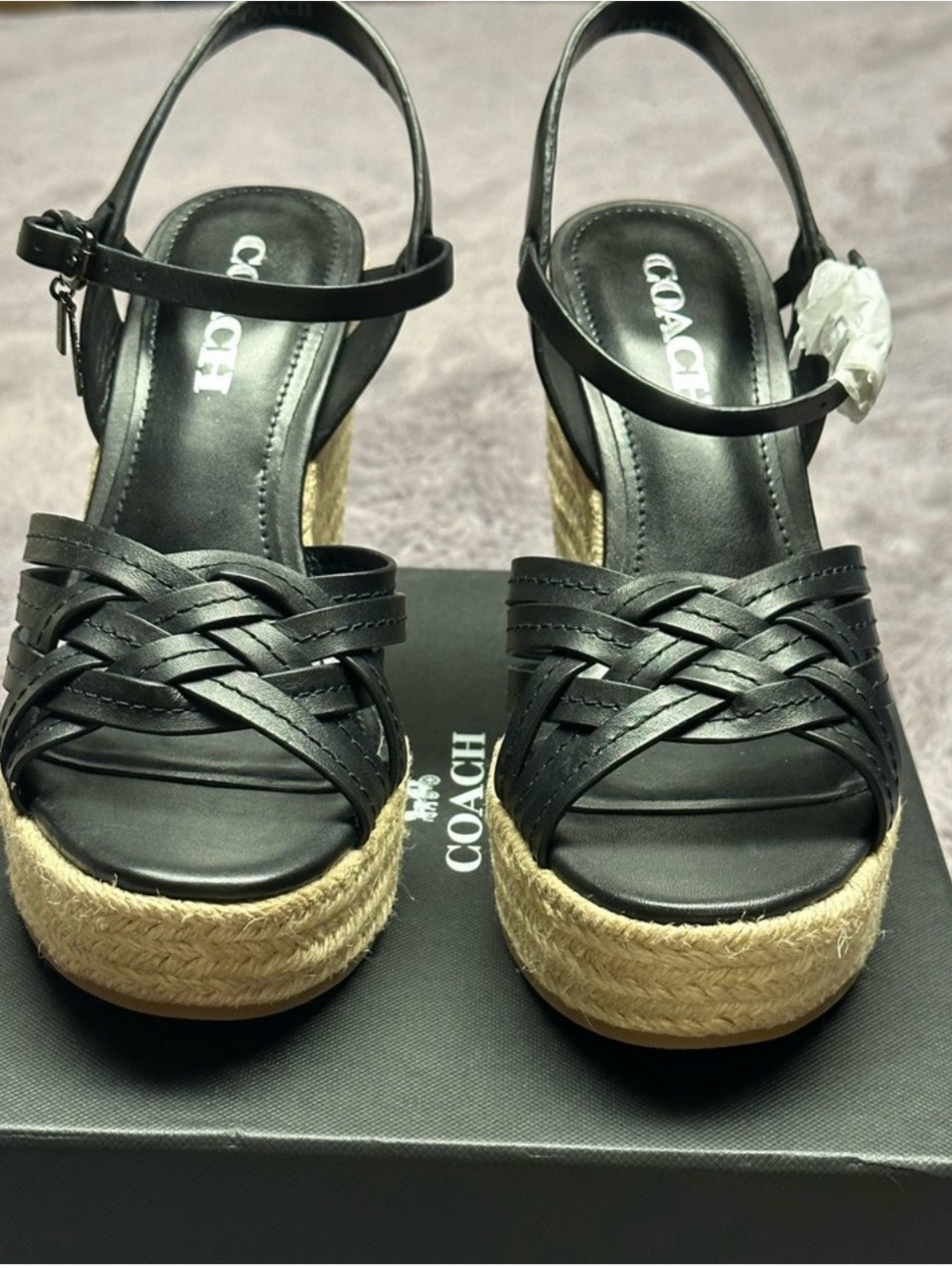 Coach Black Leather Braided Platform Espadrille Wedge Sandals
